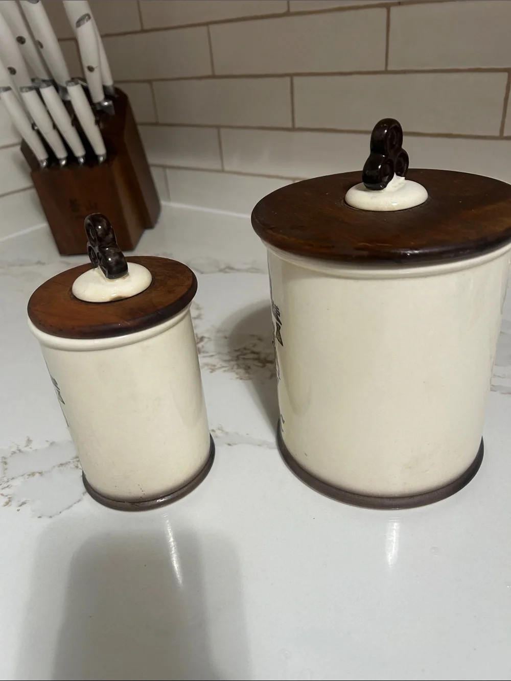 Vintage Metlox Poppytrail Cream Ceramic Tea & Sugar Canister Set with Brown Lids